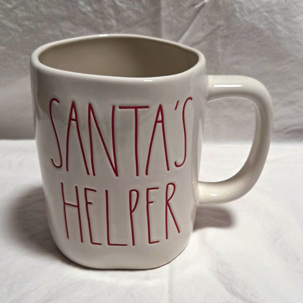 Rae Dunn Artisan Collection Santa's Helper Ceramic Mug White/Red 16 oz Safe
